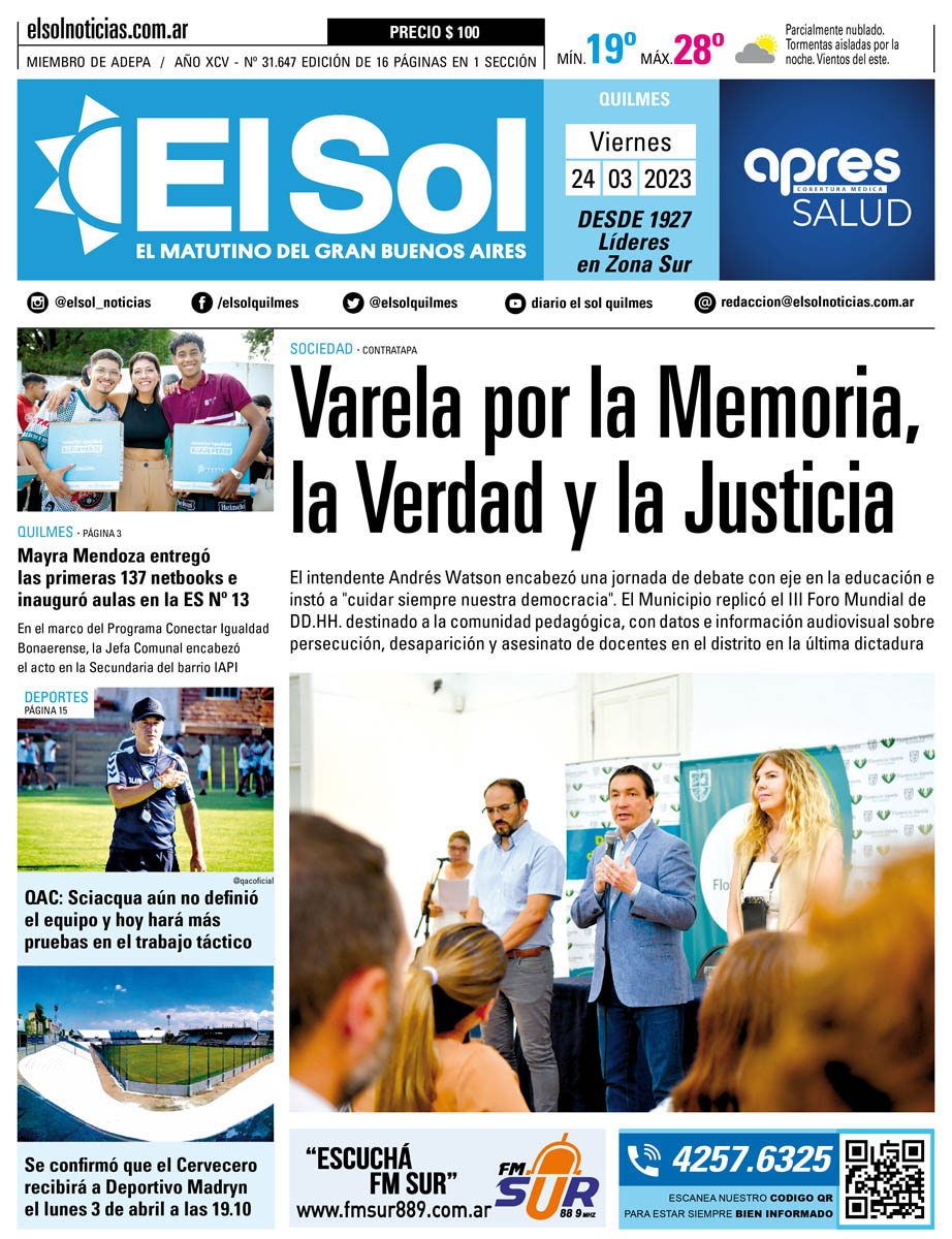 La portada de Diario El Sol de Quilmes