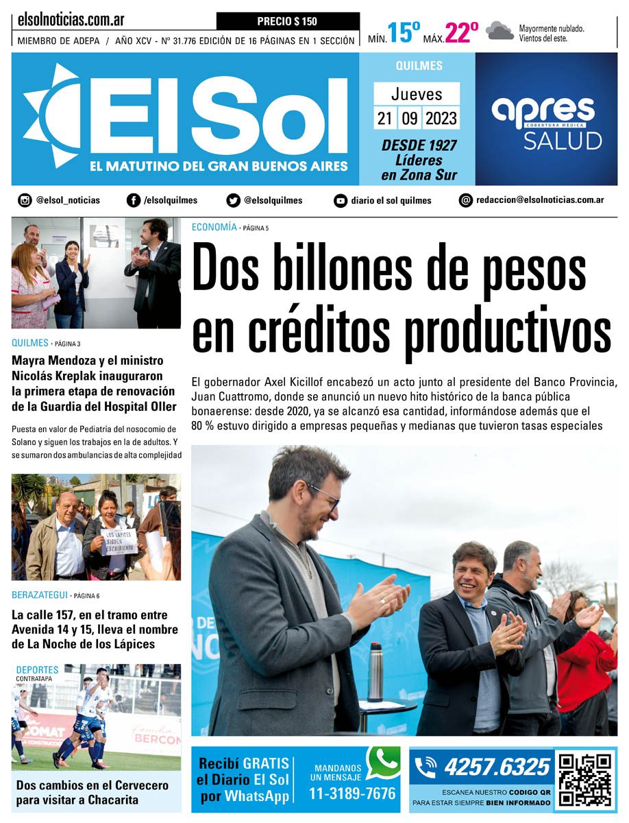 La portada de Diario El Sol de Quilmes