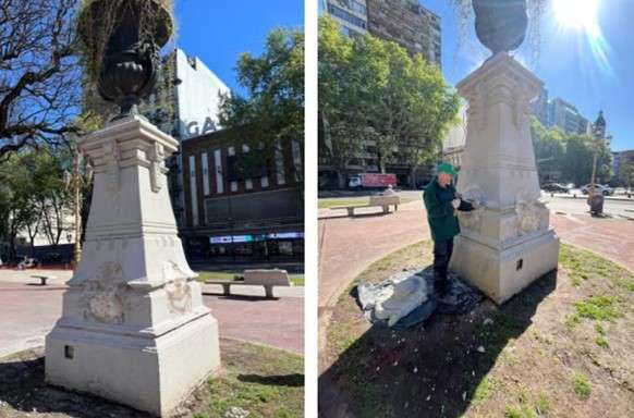 Comenzó la restauración de los históricos pedestales de la Plaza del Congreso
